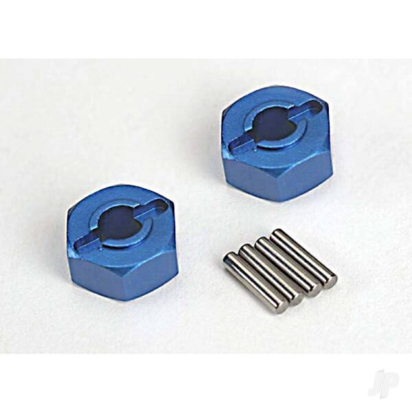 Traxxas TRX1654X Wheel Hubs, hex (Blue-anodised, lightweight aluminium) (2 pcs) / axle pins (4 pcs)