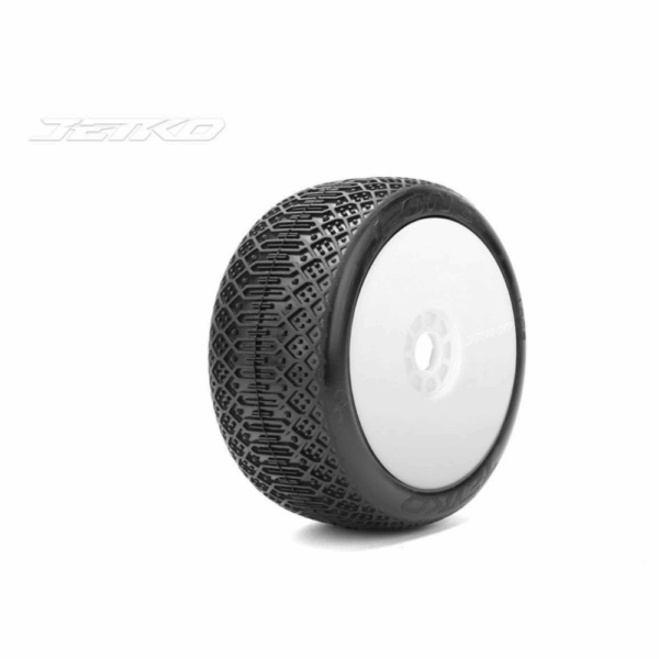 Jetko JK1009SSRW J One Super Soft 1:8 Buggy Tyres Pre Glued on White Revo Rims (2)
