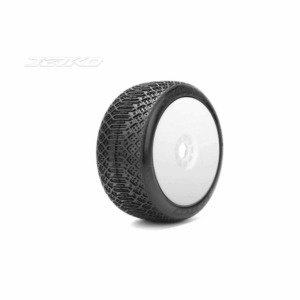 Jetko JK1009USRW J One Ultra Soft 1:8 Buggy Tyres Pre Glued on White Revo Rims (2)
